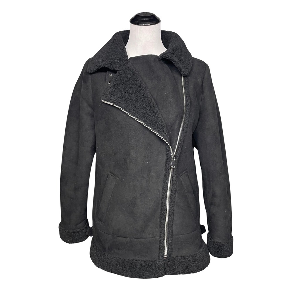 LOFT Faux Suede Sherpa Moto Jacket Women S Black Biker Aviator Asymmetrical Zip